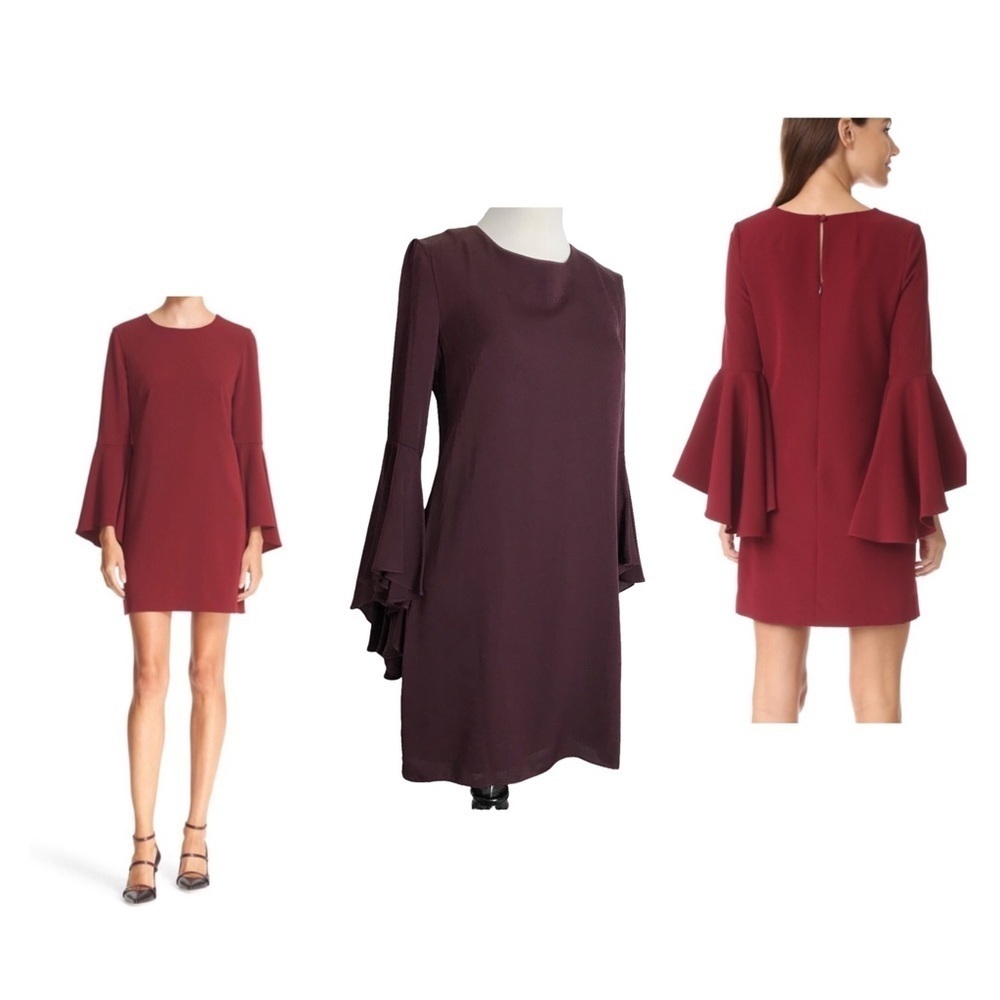 Milly Burgundy Silk Cascading Bell Sleeve Dress Size 4 NEW